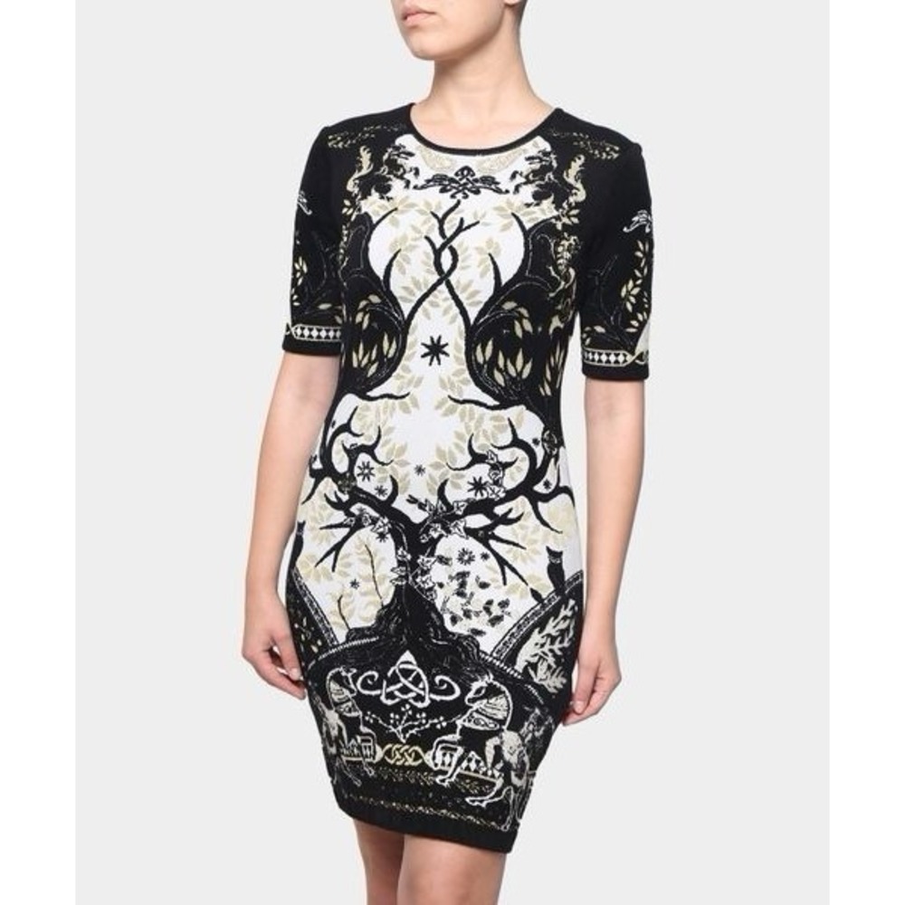 Roberto Cavalli Metallic Knit Tree of‎ Life Bodycon Dress 48 US 12 Black Gold